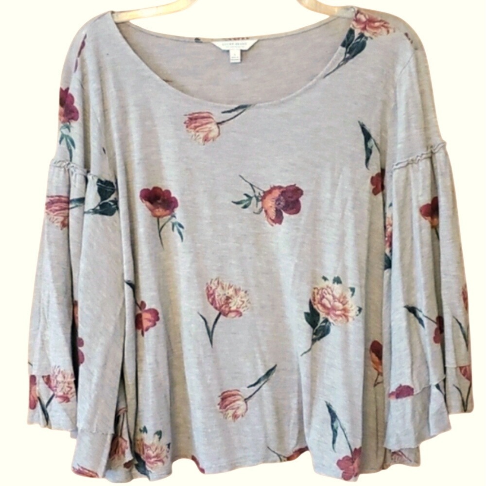Lucky Brand Womans Viscose Gold Sparkle‎ Floral Double Sleeve Top Size Large